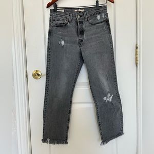 Levi’s Premium Wedgie Straight Black Distressed Raw Hem Jeans